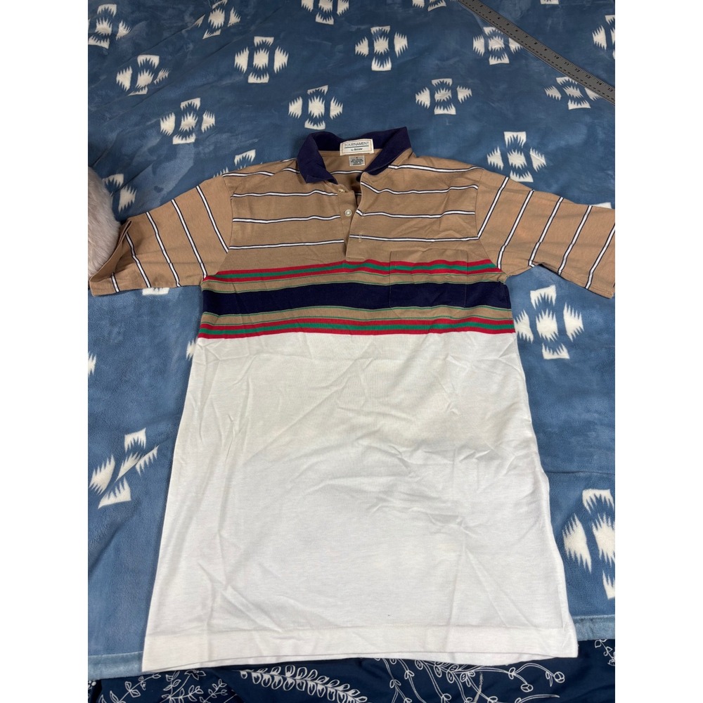 Vintage Tournament by Arrow Mens Small Striped Colorblock Polo Shirt Tan White